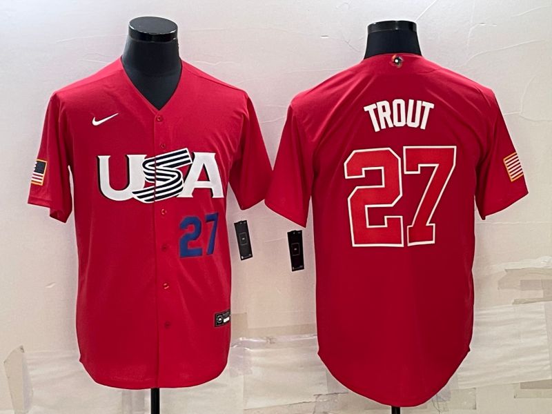Men 2023 World Cub USA #27 Trout Red Nike MLB Jersey2